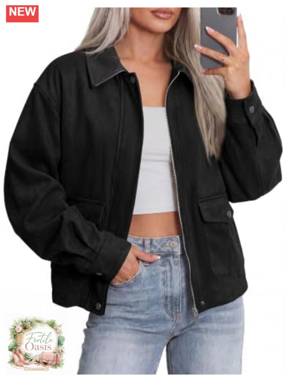 Faux Suede Zip Up Jacket Women Motorcycle Lapel Coat Fall